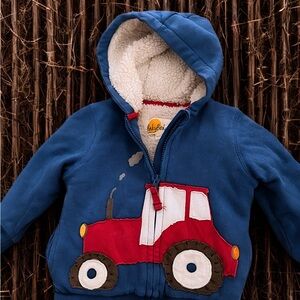 Mini Boden Blue Jacket with Red Tractor Design